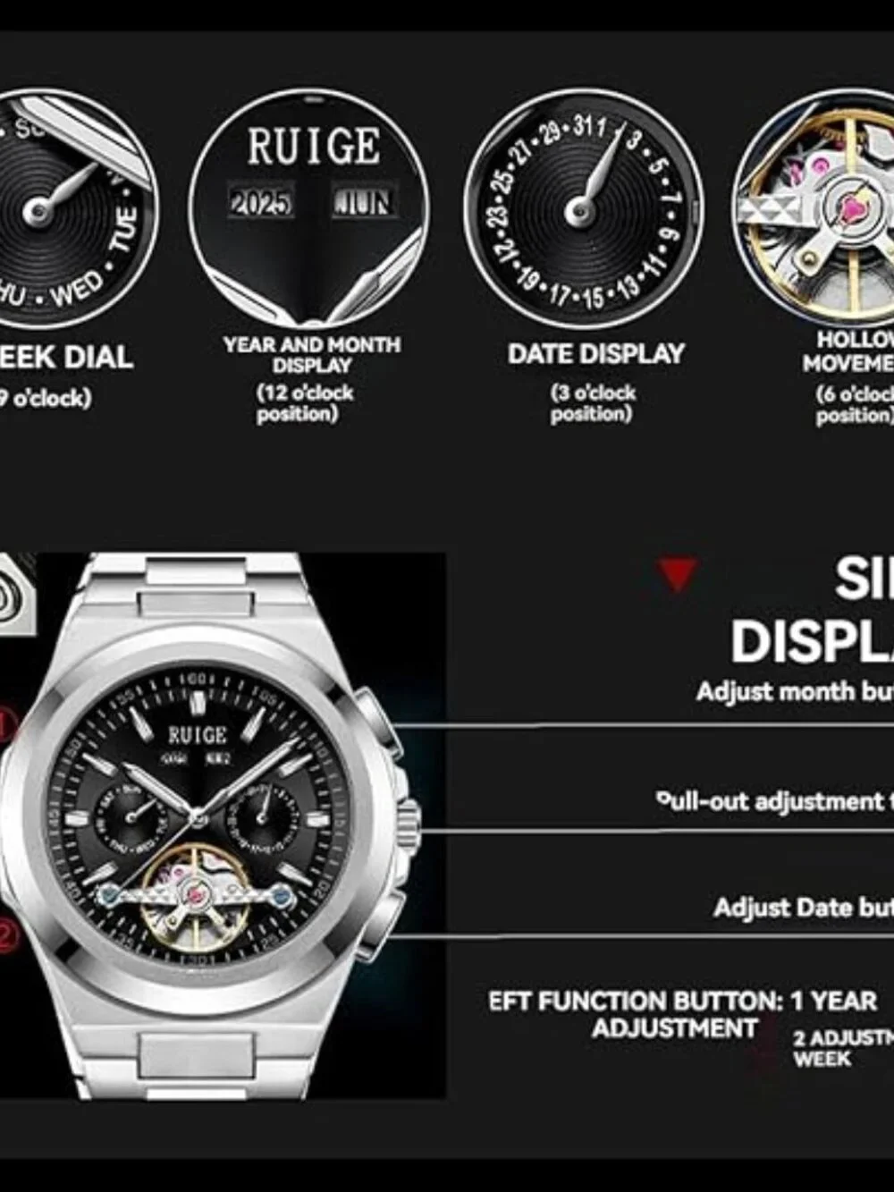 Men's Black Fully Automatic Mechanical 43mm Hollow Skeleton Dial Wrist Watch